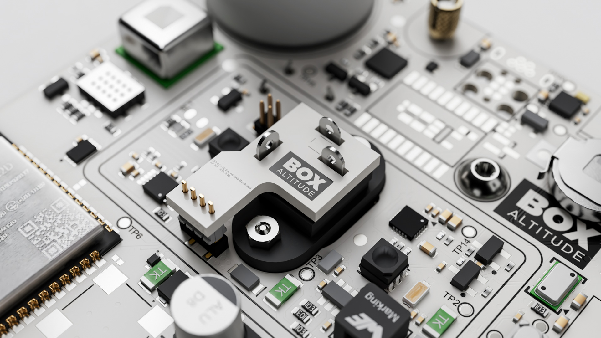 Macro view of the sensing unit mainboard: branded sensor module, ESP32 Wi-Fi module, test points and gold header pins
