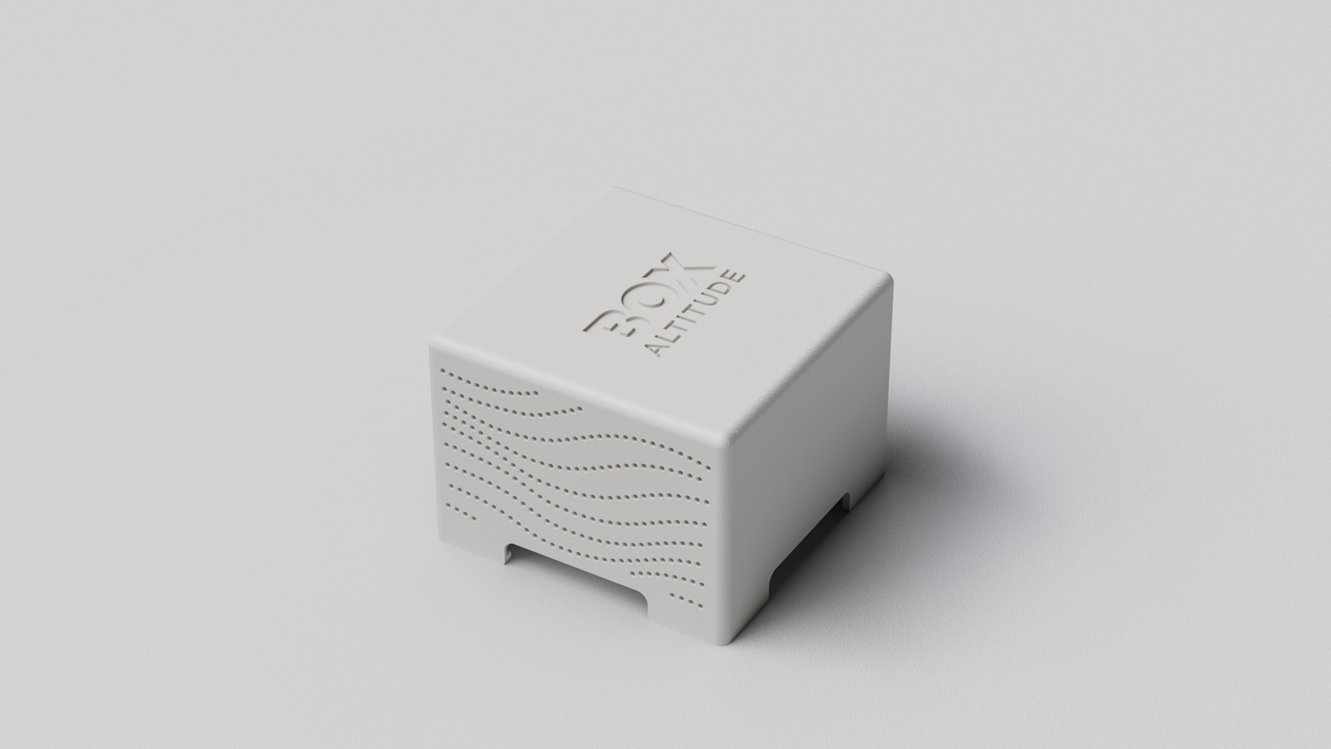 The sensing unit enclosure seen from above, logo debossed in the lid and a cable cutout notched into the bottom edge